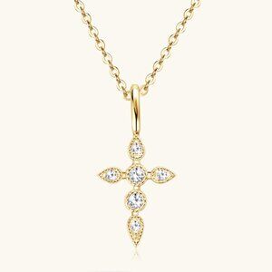 925 Sterling Silver Moissanite Cross Pendant Necklace (Gold)